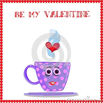 Valentine greeting card with cute cartoon lilac cup Vector Illustration
