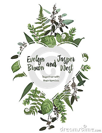 Valentine greeting card, invite card. Vector watercolor style herbs, eucalyptus, forest fern, waxflower. Natural, branches Vector Illustration