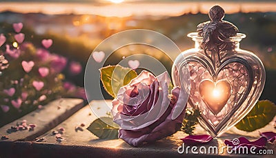 valentine greeting card. rose and candle on the background of the sunset. love and romantic Stock Photo
