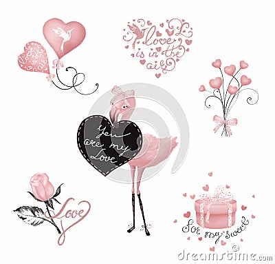 Valentine hand drawn vintage floral love set. Watercolor fashion clip art. Stickers collection Stock Photo