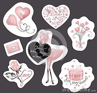 Valentine hand drawn vintage floral love set. Watercolor fashion clip art. Stickers collection Stock Photo