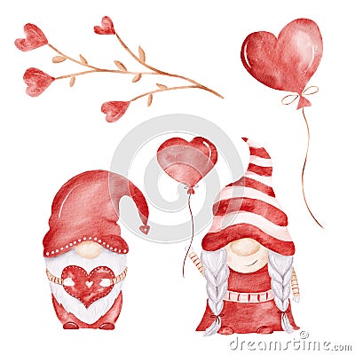 Valentine hand painted watercolor clipart set. Red gnomes, love balloon and branch flowers illustration. Cartoon Illustration