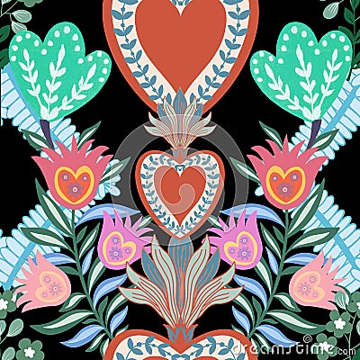 Valentine heart botanical seamless pattern inspired by traditional folk art embroidery designs textile or farbic print ornament Stock Photo