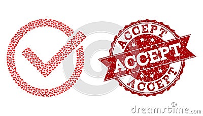 Valentine Heart Collage of Accept Tick Icon and Rubber Stamp Vector Illustration