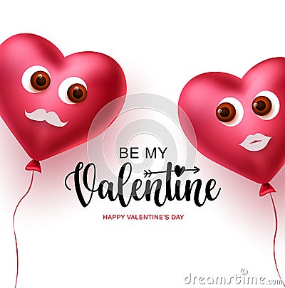 Valentine heart couple balloons vector concept design. Happy valentines text with 3d realistic lover heart balloons Vector Illustration