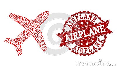 Valentine Heart Mosaic of Airplane Icon and Grunge Seal Vector Illustration