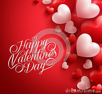 Valentine Hearts in Red Background Floating with Happy Valentines Day Greetings Vector Illustration