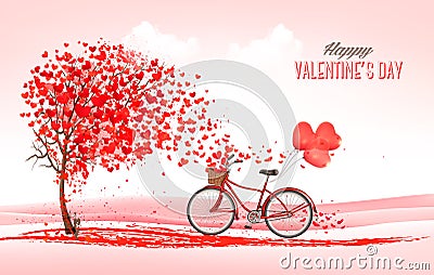 Valentine holiday background with heart shaped tree and bicycle Vector Illustration