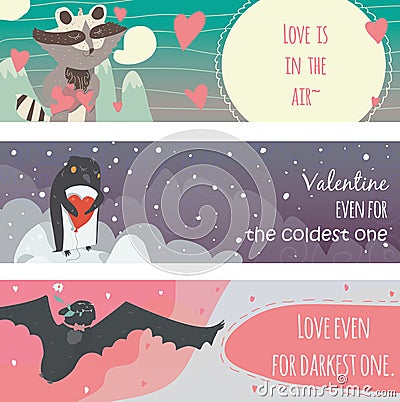 Valentine horizontal banners set with fun animals with hearts and motivating quotes in text holders, smiling, cute, with closed Cartoon Illustration