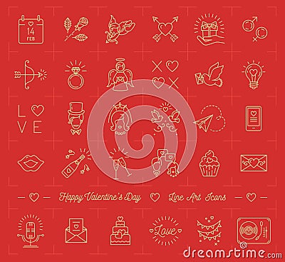 Valentine icon set, love symbols, flat design line thin style Vector Illustration