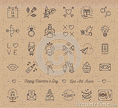 Valentine Icon, Vintage love symbols, Wedding infographics line thin style Vector Illustration