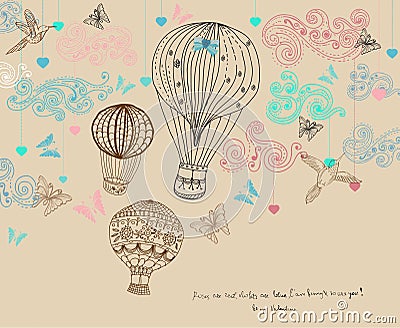 Valentine illustration, hot Air Balloon in sky, hand drawn Background for Design Cartoon Illustration