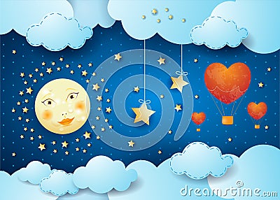 Valentine illustration with surreal night, full moon and hot air Vector Illustration