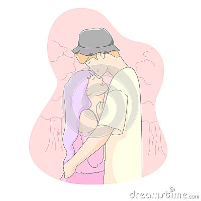 Valentine illustration, Young couple hugging each other and the men kisses womens forehead. Cartoon Illustration
