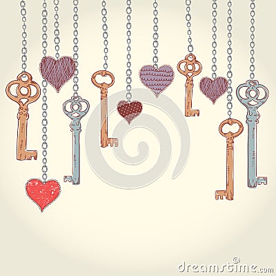 Valentine invitation card with keys and hearts Vector Illustration