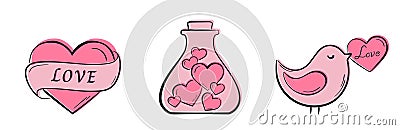 valentine line icons. love potion, bird with love message and heart with ribbon. valentine, love and romantic symbols Vector Illustration