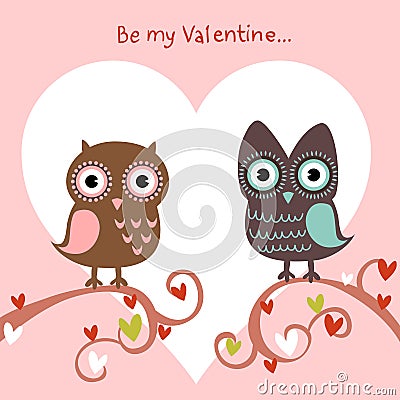 Valentine love card with owls and hearts Vector Illustration