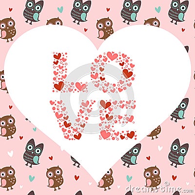 Valentine love card with owls and hearts Vector Illustration