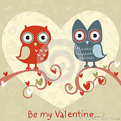 Valentine love card with owls and hearts Vector Illustration