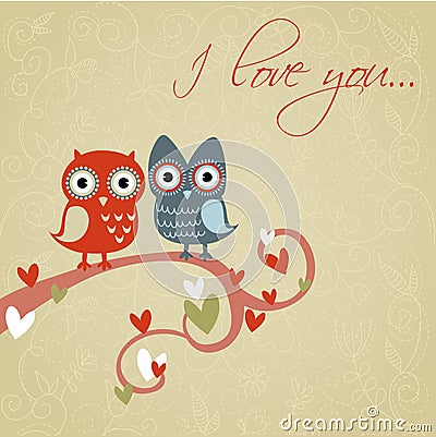Valentine love card with owls and hearts Vector Illustration