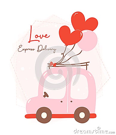 Valentine love delivery car. Cute Kawaii vehicle in love Theme with balloons heart in Flat Design Vector Illustration