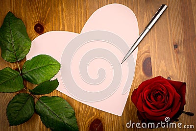 Valentine Love Heart Shaped Note With Pen And Rose Stock Photo