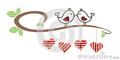 Valentine Loving Birds stay on branch retro Vector Illustration