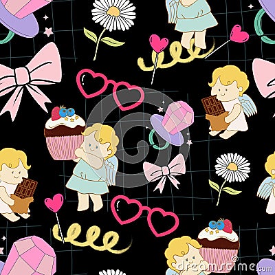 Valentine party doodle cupid seamless pattern charracter cartoon for wedding card, valentine 's day, interior design Stock Photo