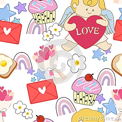 Valentine party doodle cupid seamless pattern charracter cartoon for wedding card, valentine 's day, interior design Stock Photo