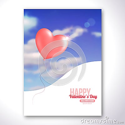 Valentine pink heart-shaped balloon in blue sky Vector Illustration