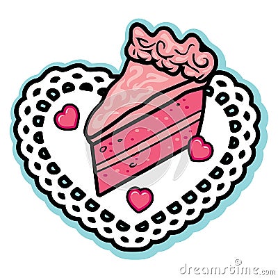 Valentine pink layered love cake icing heart candies white doily Vector Illustration