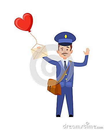 Valentine Post and Mailman with Heart Balloon Vector Illustration