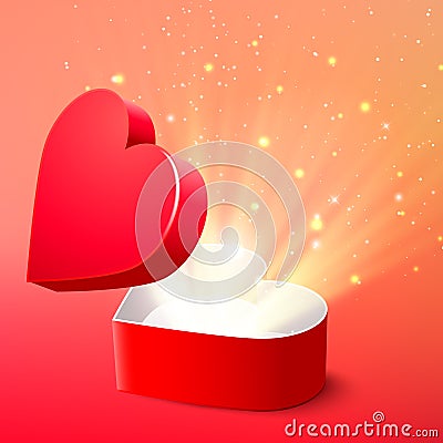 Valentine postcard with opened surprise red gift box and shine Vector Illustration