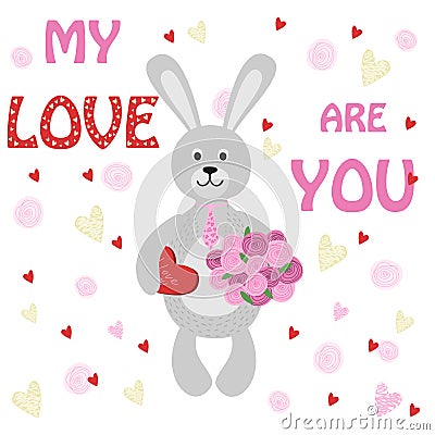 Valentine rabbit Bunny with bouquet of flowers and sweets Vector Illustration
