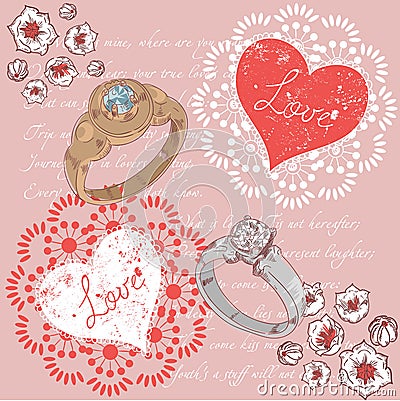 Valentine romantic retro postcard with rings Vector Illustration