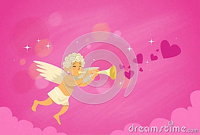 Valentine's Angel Cupid Holding Flute Saint Valentine Holiday Vector Illustration