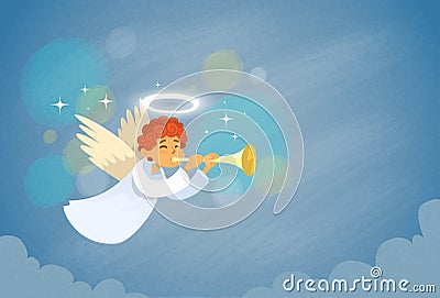 Valentine's Angel Cupid Holding Flute Saint Valentine Holiday Vector Illustration