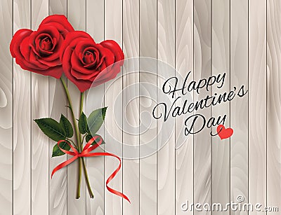 Valentine`s background with two red heart shaped roses and wooden sign. Vector Illustration