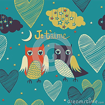 Valentines card. Owls couple. Vector Illustration