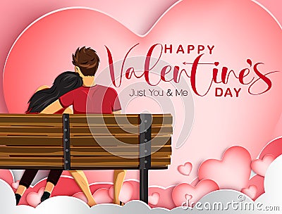 Valentine`s date vector background design. Happy valentine`s day text with man and woman lover characters dating and sitting. Vector Illustration