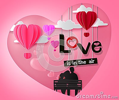 Valentine`s date vector background design. Love is in the air text with dating couple characters with valentine elements. Vector Illustration