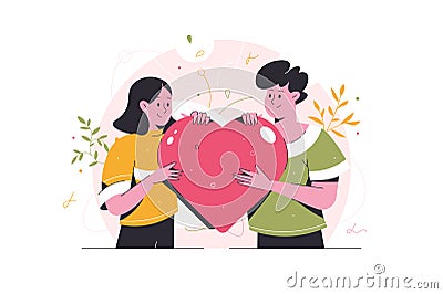 Young man and woman lover hugging big heart. Romantic lovers for valentine's day. Family. In love. Vector Illustration