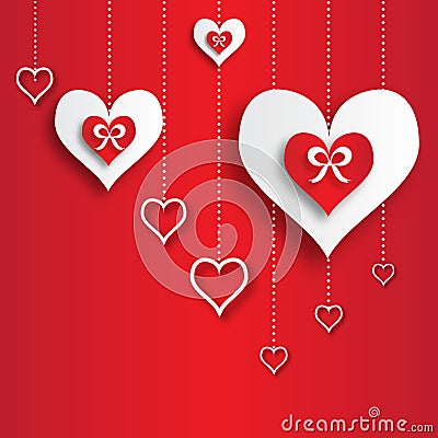 Valentine's day abstract applique background with cut red and white paper hearts with ribbon bow. Vector Illustration