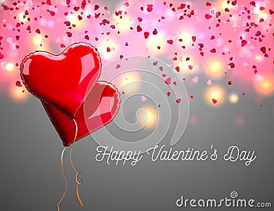 Valentine`s day abstract background with red 3d heart-shaped balloons. Vector holiday illustration. Vector Illustration