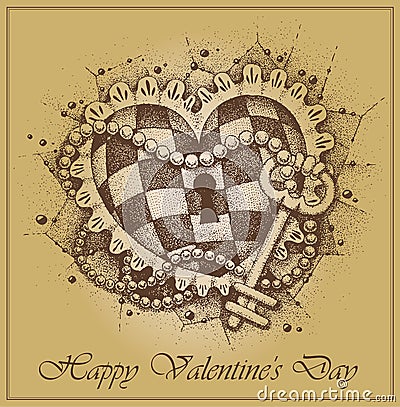 Valentines Day Ñard. Heart with key drawn by han Vector Illustration
