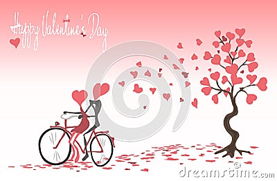 Valentine`s Day background with a bicycle, a loving couple, and a tree with painted hearts Cartoon Illustration