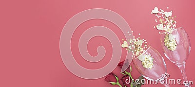Valentine`s day background, birthday or party abstract banner. Two empty glasses for champagn, gift boxes and red roses Stock Photo