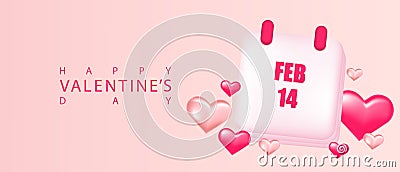 Valentine's Day background. Calendar with the date February 14 and 3D hearts. Vector Illustration