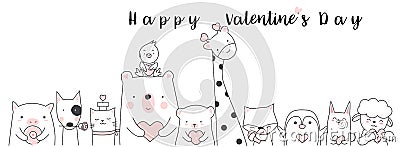 Valentine`s Day background with cute baby animal cartoon h Vector Illustration