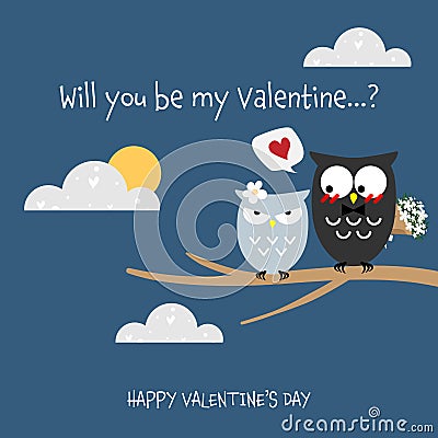 Valentine`s Day background of cute couple owls on tree branch on blue sky with cute cloud background. Vector Illustration